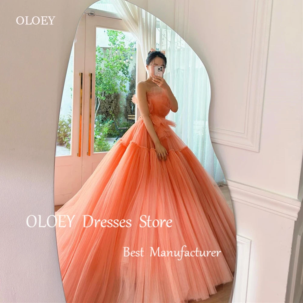 

OLOEY Coral Tulle Tiered Korea Wedding Dresses Photoshoot Luxury Sleeveless Corset Back Evening Gowns Princess