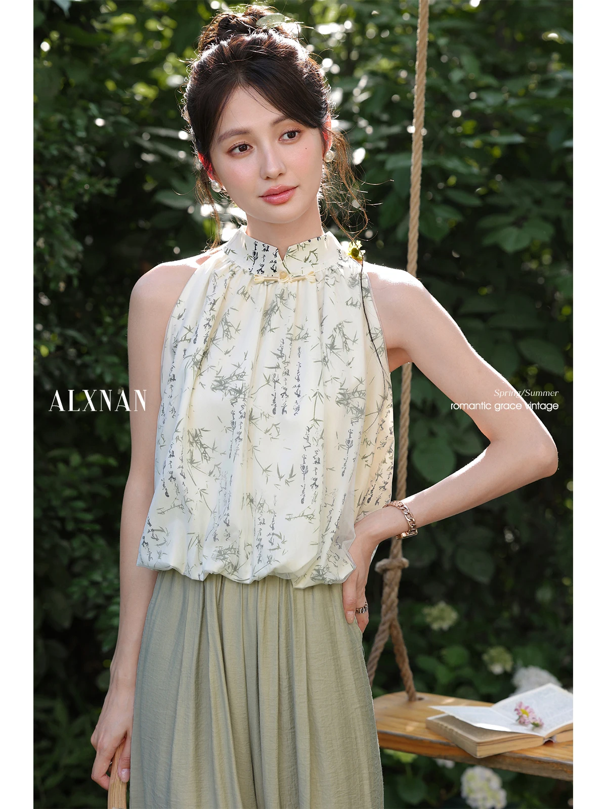 

ALXNAN Women's Printed Tank Tops Elegant Casual Loose-fit Halter Bud Tops 2025 Summer Holiday Party Beach Sweet Camisole L55858