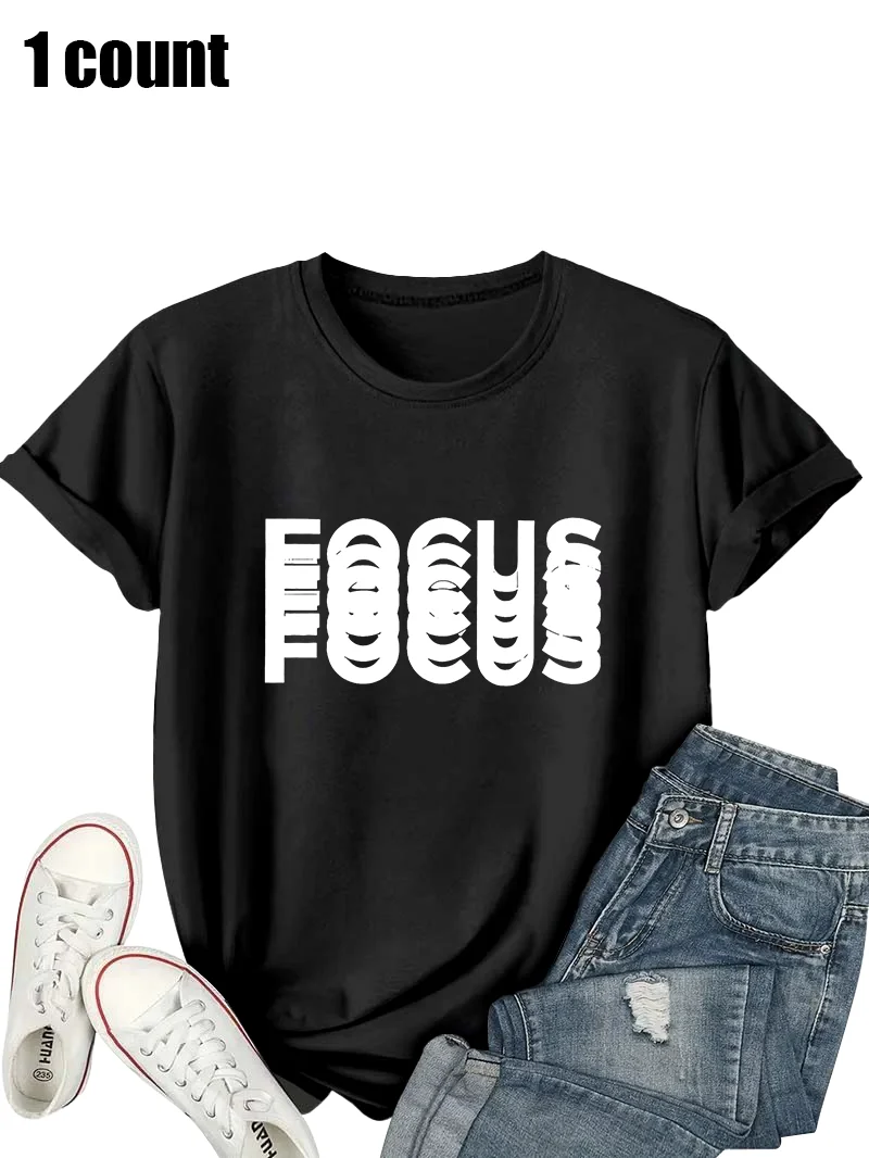 

Женская модная черная футболка больших размеров с коротким рукавом, уникальный креативный типографический принт «FOCUS», стильная и повседневная уличная одежда