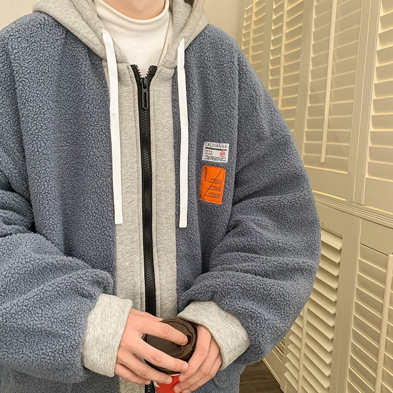 

Men's Thiened Lamb Fur Cotton Jaet Fake Two-Piece Casual Sli Winter Coat Youth Trendy Lamb Wool Cotton Outerwear