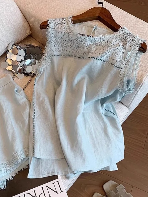 

Faionable Lace Splice Svel Vest Cotton Linen Set Women's Summer Design Anti-aging Top orts Two-piece Set Trendy
