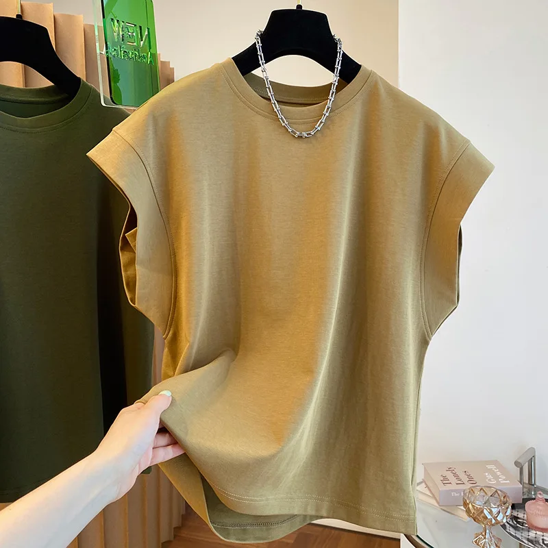 Design sense niche flying sleeve t-shirt for women loose cotton sleeveless top for women oversized t shirt