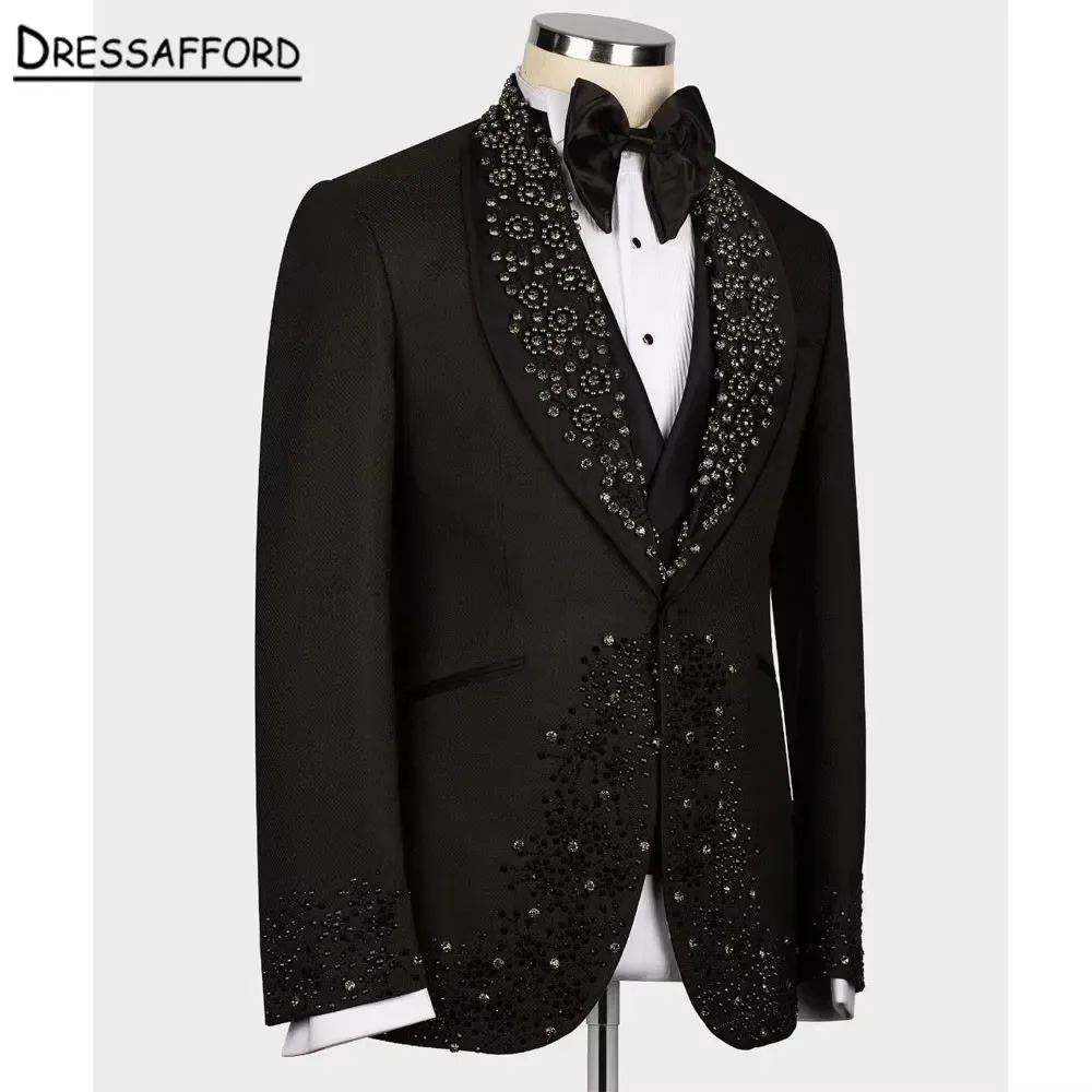 Trajes negros de moda para hombre, conjuntos de 2 piezas, chaqueta y pantalones hechos a mano, perlas, Blazers de graduación para novio, esmoquin decorativo