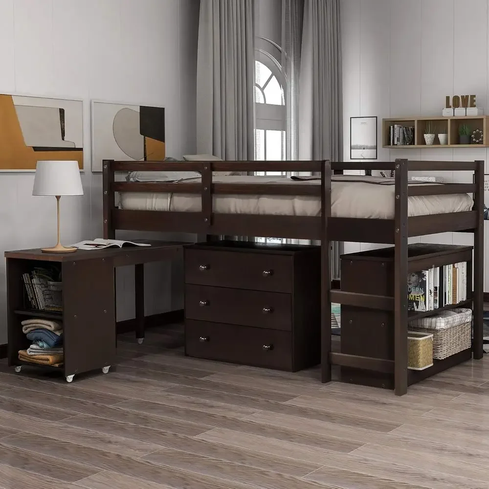

Twin-Size Low Loft Bed with Bookshelves, Rolling Desk, and 3 Drawers, Safety Rail Included