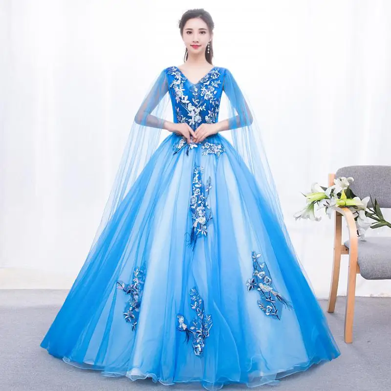 Blue Ball Gown New Classic V-neck Sleeveless Vestidos De Quinceaneras Elegant Lace Floral Long Puffy Dresses For Prom Customized