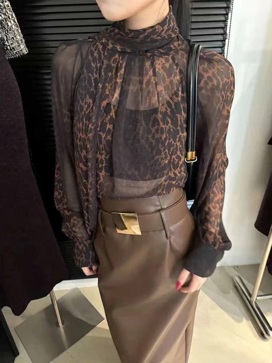 

Adjustable Two-Sided Wear Leopard Print Sa irt Early Autumn Lightweight Luxury Loose Thin Women's Top Ele Faionable