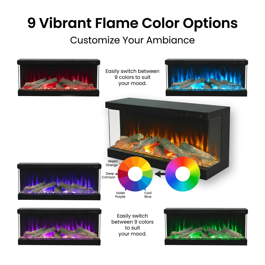 3-Sided Glass Electric Fireplace Insert, Freestanding & Wall Mounted, Smart Remote Control