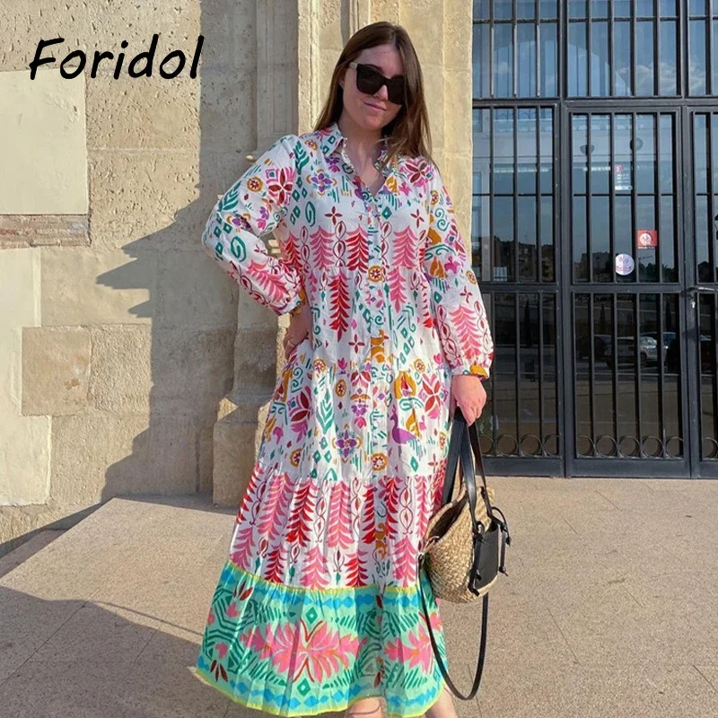 Foridol Casual Boho Overhemdjurk Met Bloemenprint Maxi Lange Herfst Winter Jurk Met Lange Mouwen 2024 Jurk Met Knoop