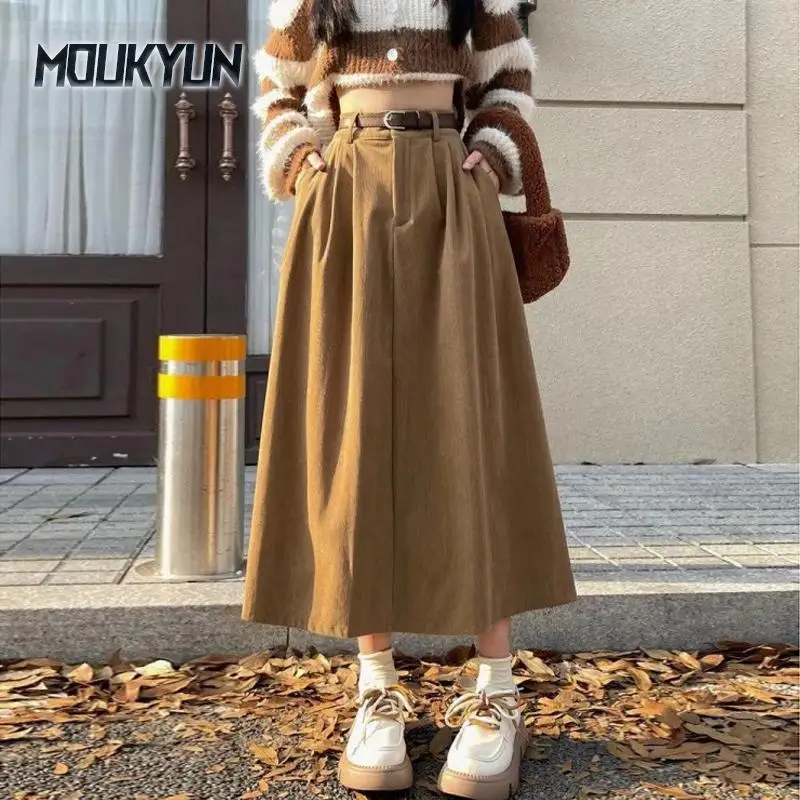 

Корейские женские коричневые юбки, зимняя вельветовая длинная юбка с высокой талией, женская плиссированная юбка трапециевидной формы в студенческом стиле, женская Faldas