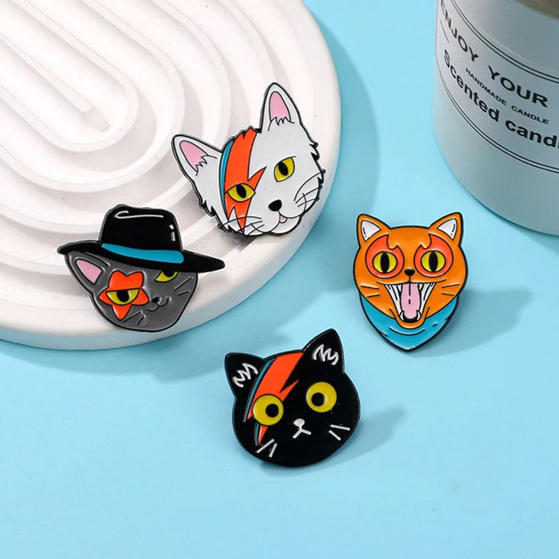 Funny Cat Cartoon Brooch Pentacle Gentleman Hat Scar Tie Tongue Cat Villain Animal Cat Badge Punk Clothes Lapel Pin Jewelry Gift