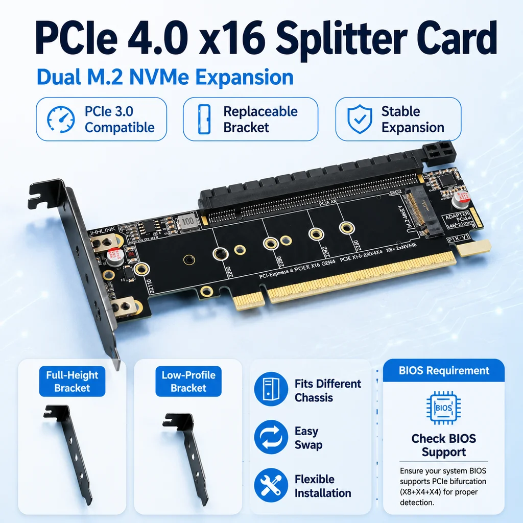 HOOCCC Dual M.2 NVMe PCIe 4.0 x16 Splitter Card PCIe Bifurcation x8 x4 x4 Adapter with Full Height and Low Profile Brackets