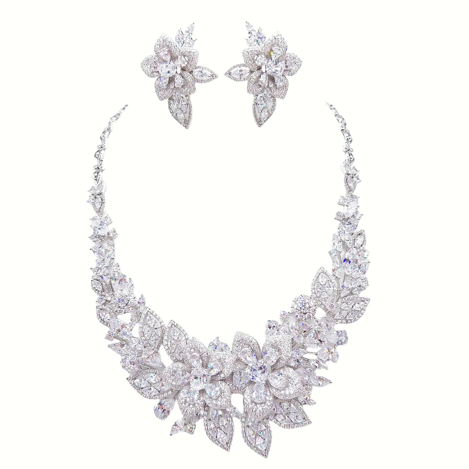 Luxury Dubai Nigeria Jewelry Set for Women Bridal Wedding Dress Sparkling Floral Necklace & Earrings Set Elegant Goddess Style