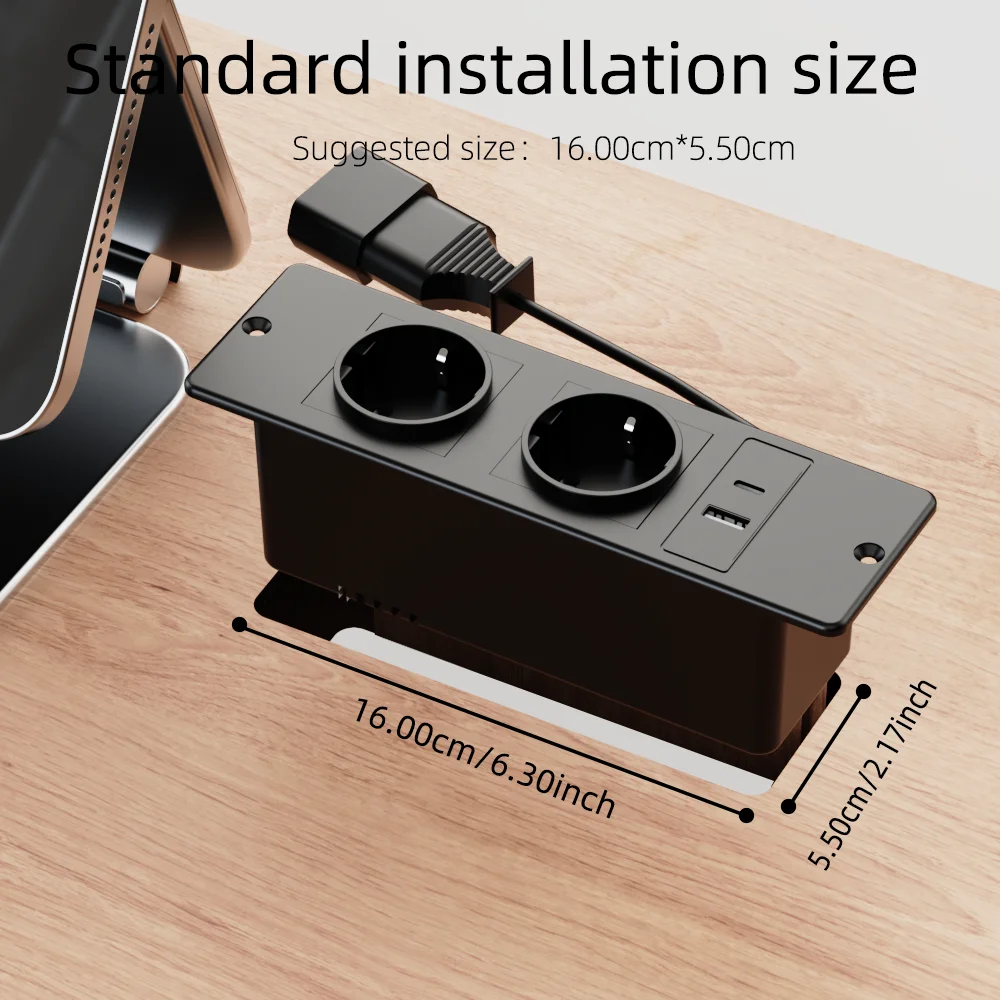 Recessed Embedded Power Strip 2 AC Outlets 1 USB‑A & 1 Type‑C  Socket with 1.5 MeterExtension Cord and AC Cable for Office Desk