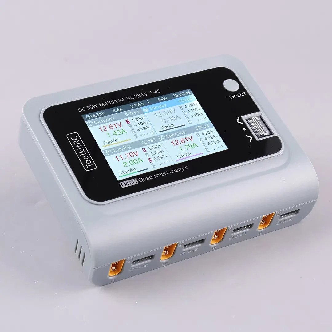 For ToolkitRC Q4AC Charger XT60 Adapter IPS Bright with Display 4x50w 5A AC 100W 4 Port DC Smart Discharge