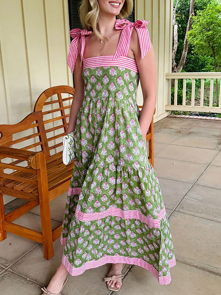 

2026 Spring Slash Neck Patchwork Women Maxi Dress Retro Floral Print Loose A-Line Long Dress Summer Lace-up Suspender Boho Dress