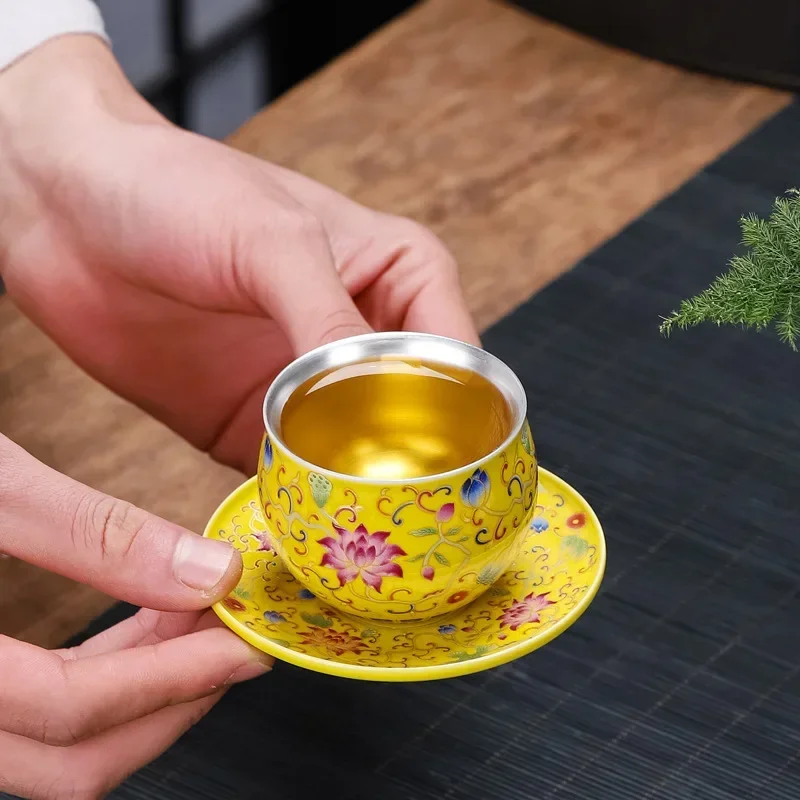 

New Silver Tea Cup Enamel Colorful Silver Plated Tea Set Pink Rolling Porcelain Tea Cup Master Cup