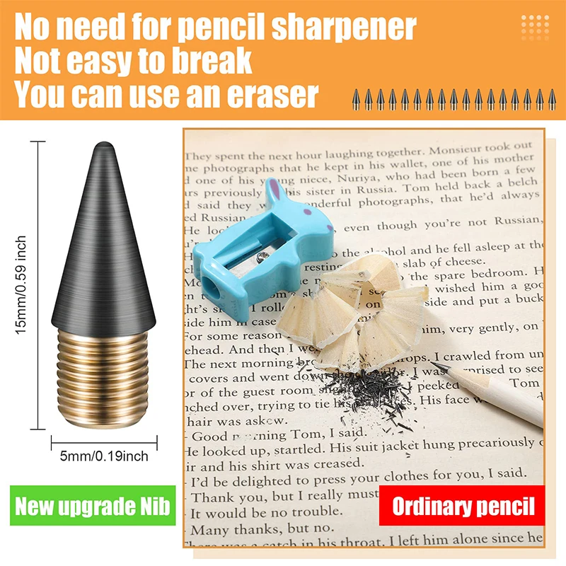 10Pcs Everlasting Pencil Replaceable Refill Infinite Pencil Replaceable Graphite Nib Metal Inkless Writing Pens Nib
