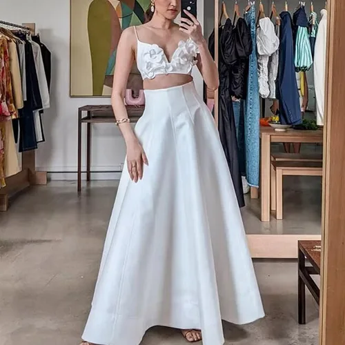 Imagen 2 del producto VEITCHE Primavera Verano mujeres Rosa flor recortada Top falda conjunto moda alta cintura falda larga 2 piezas traje Vocation playa traje