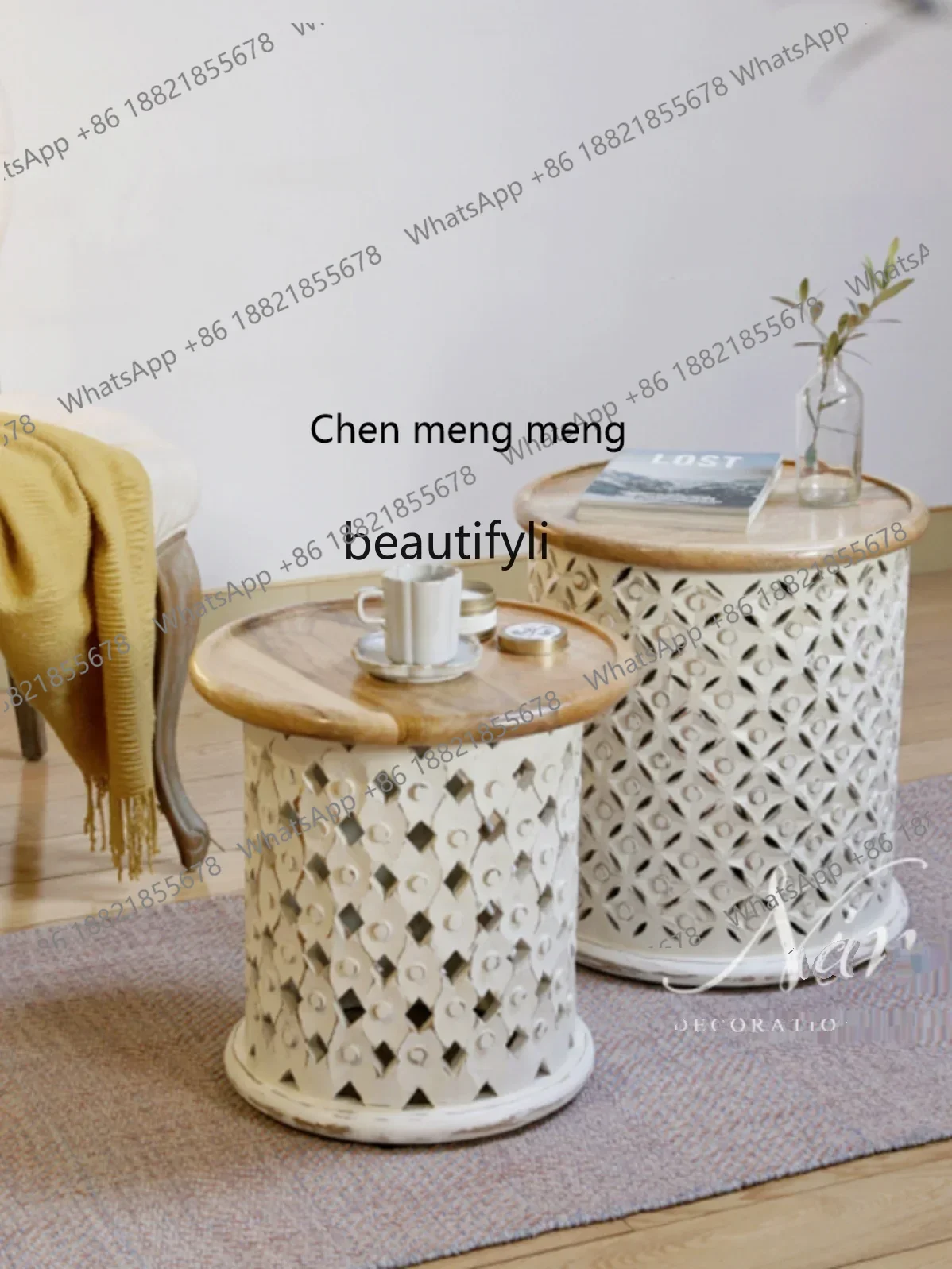New arrive Retro furniture romantic French old carving decoration mango wood coffee table bedside round table
