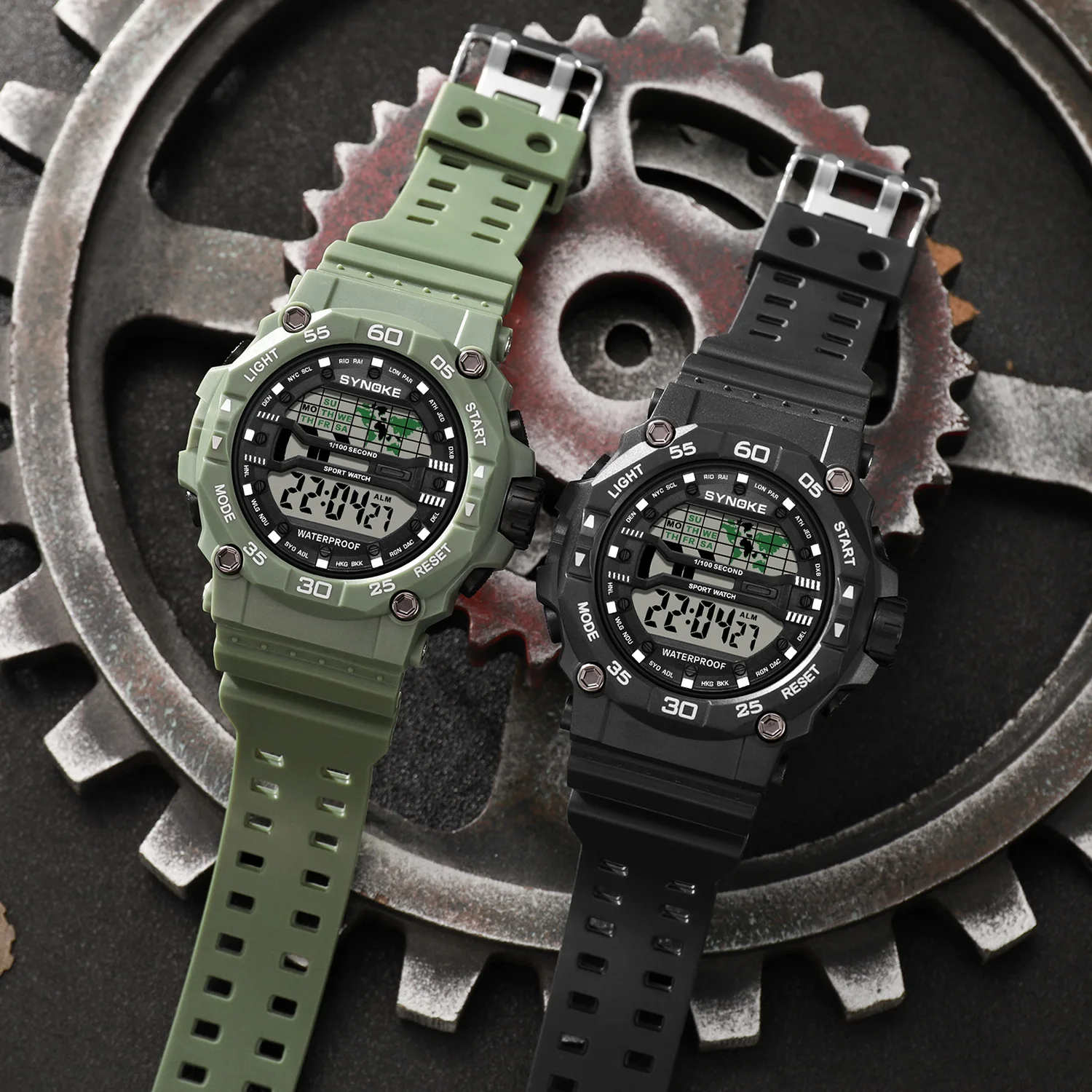 Synoke-メンズミリタリースポーツウォッチ、デジタル、クロノグラフ、アラーム、防水、50m