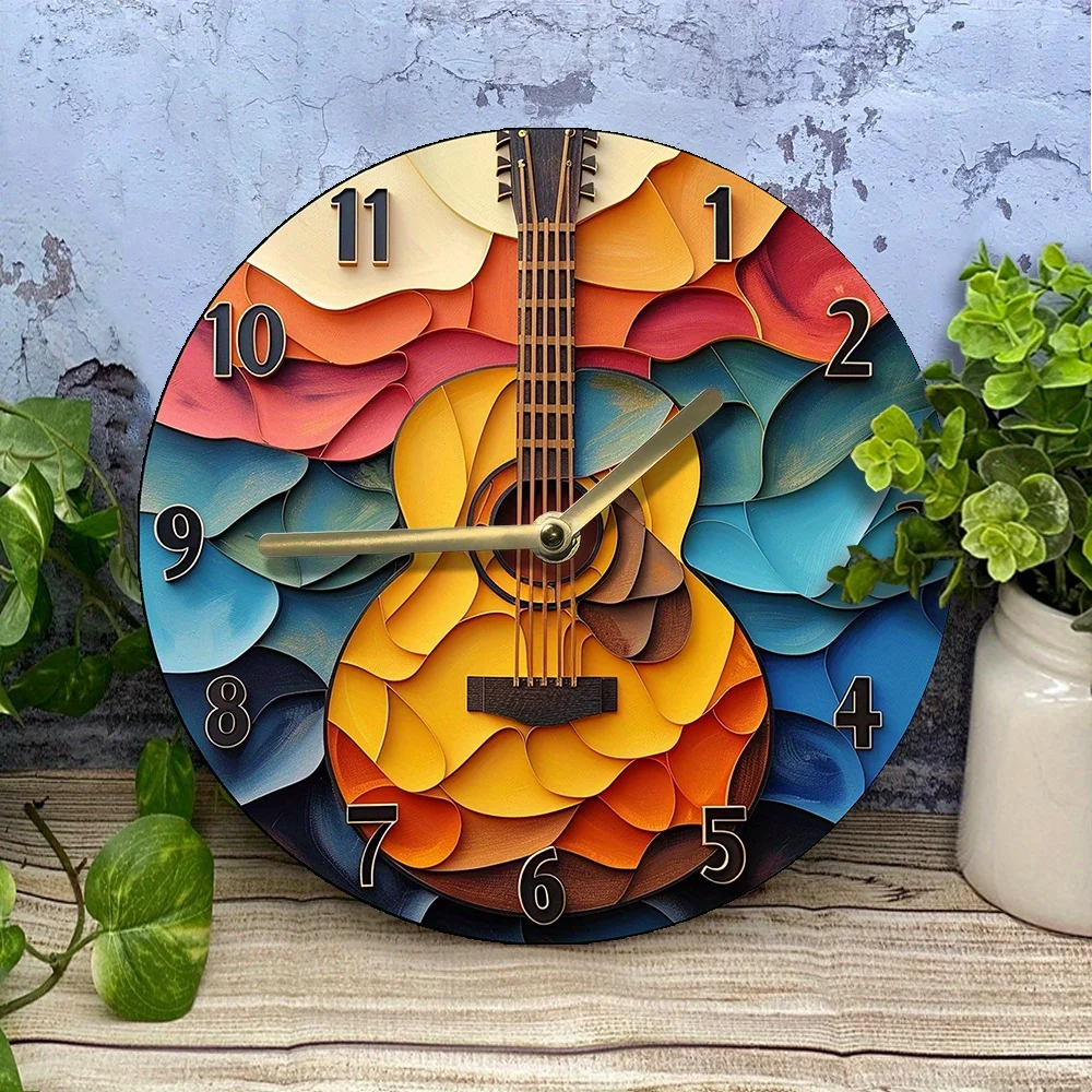 Silent Aluminum Wall Clock With Guitar Theme - Diy, 2D Effects For Living Room Decor, Perfect For Father'S Day & Easter