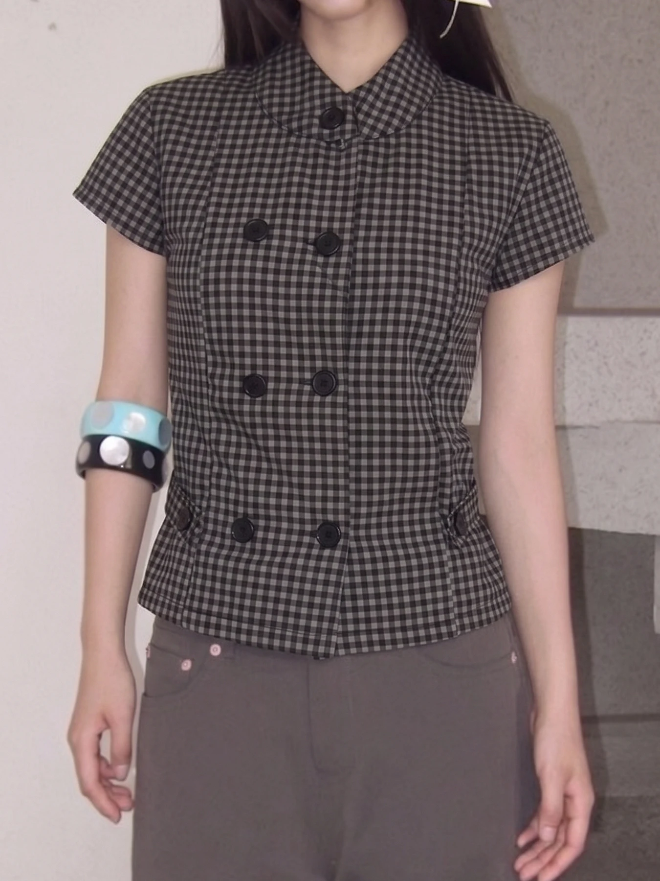 Women Summer Vintage Checkered Cropped Top Fashion Stand Collar Short Sleeve Double Row Button Waist Tie Plaid Blouse Streetwear