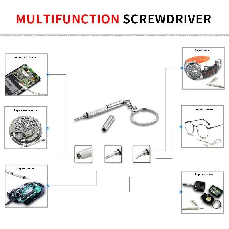 스틸 안경 스크루드라이버, 시계 수리 키트, 키체인 포함, 휴대용 수공구, 정밀 스크루드라이버 도구