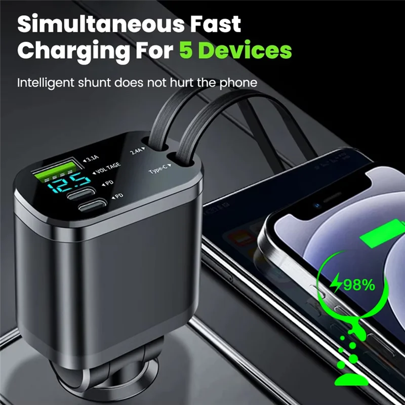 

Car Charger Adapter 5 In 1 Fast Charging USB Type C Car Charger Cable Multi Port Car Adapter