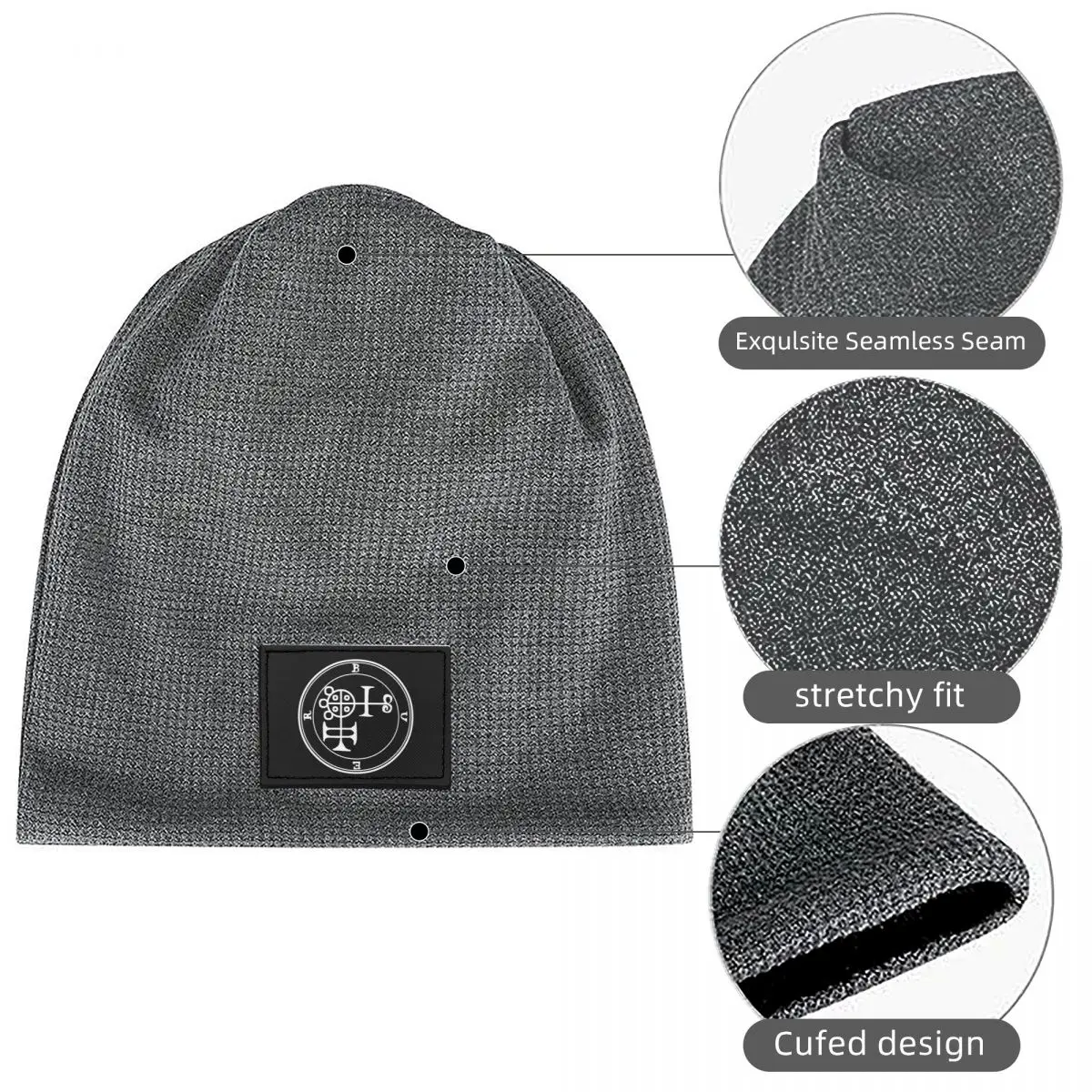 Demon Buer Seal Waffle Knit Fleece Lined Beanie with PU Leather Patch Unisex Warm Winter Soft Cap
