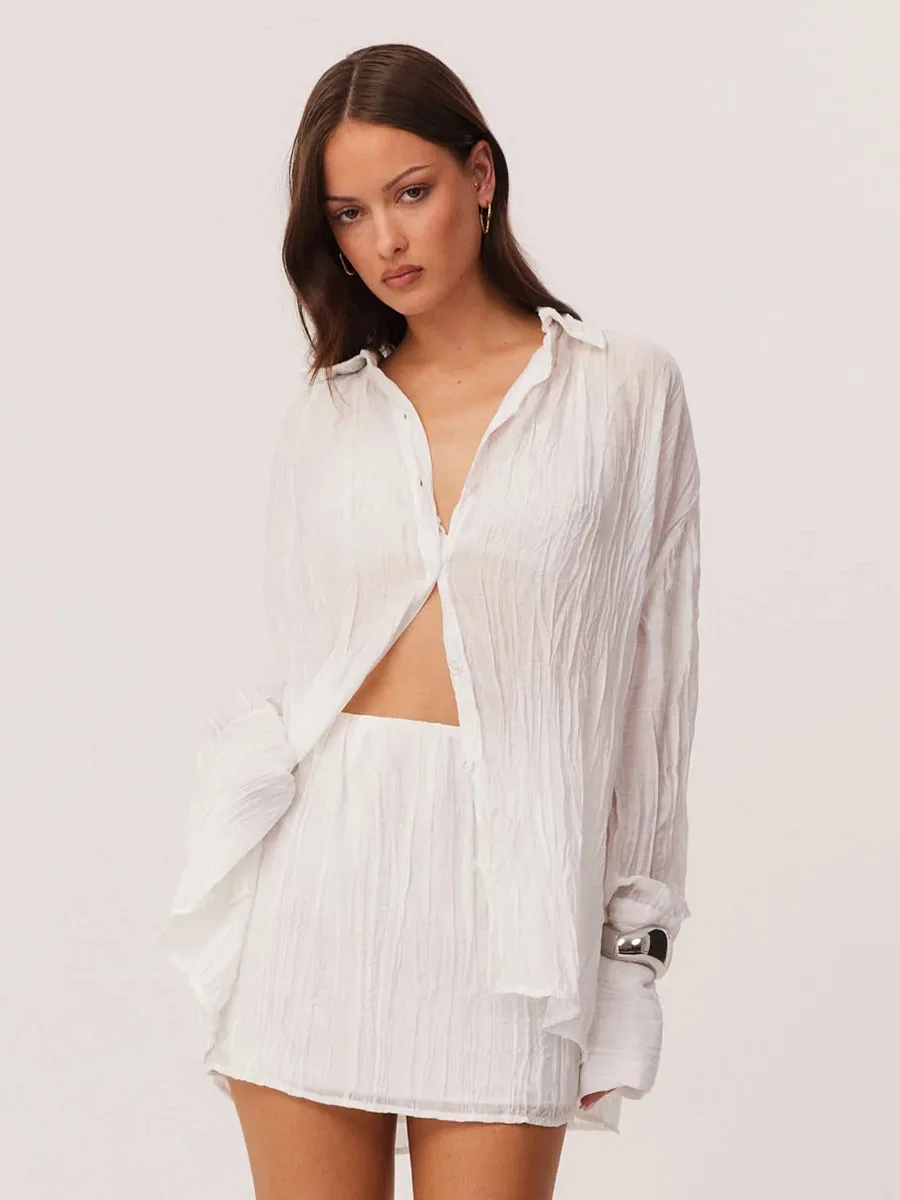 Bornladies 2026 Spring Summer New Shirt Skirt Set Ruffled Texture Sheer Shirt Mini Skirt Vacation Lazy Style Two Piece Outfit view 4