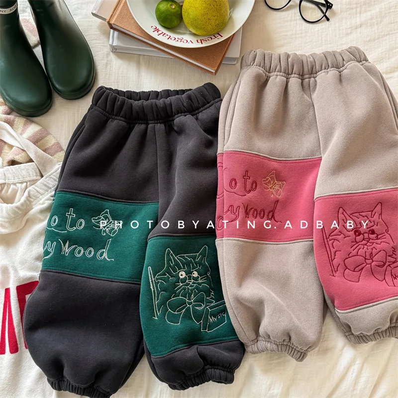 

2024 Winter New Children Fleece Sweat Pants Baby Boys Warm Trousers Plus Velvet Thick Girls Harem Pants Cotton Kids Casual Pants