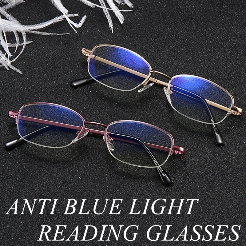 

High Quality Anti Blue Light Reading Glasses Men Women Metal Half Frame Computer Presbyopic Glasses Resin Coating Eyewear +150