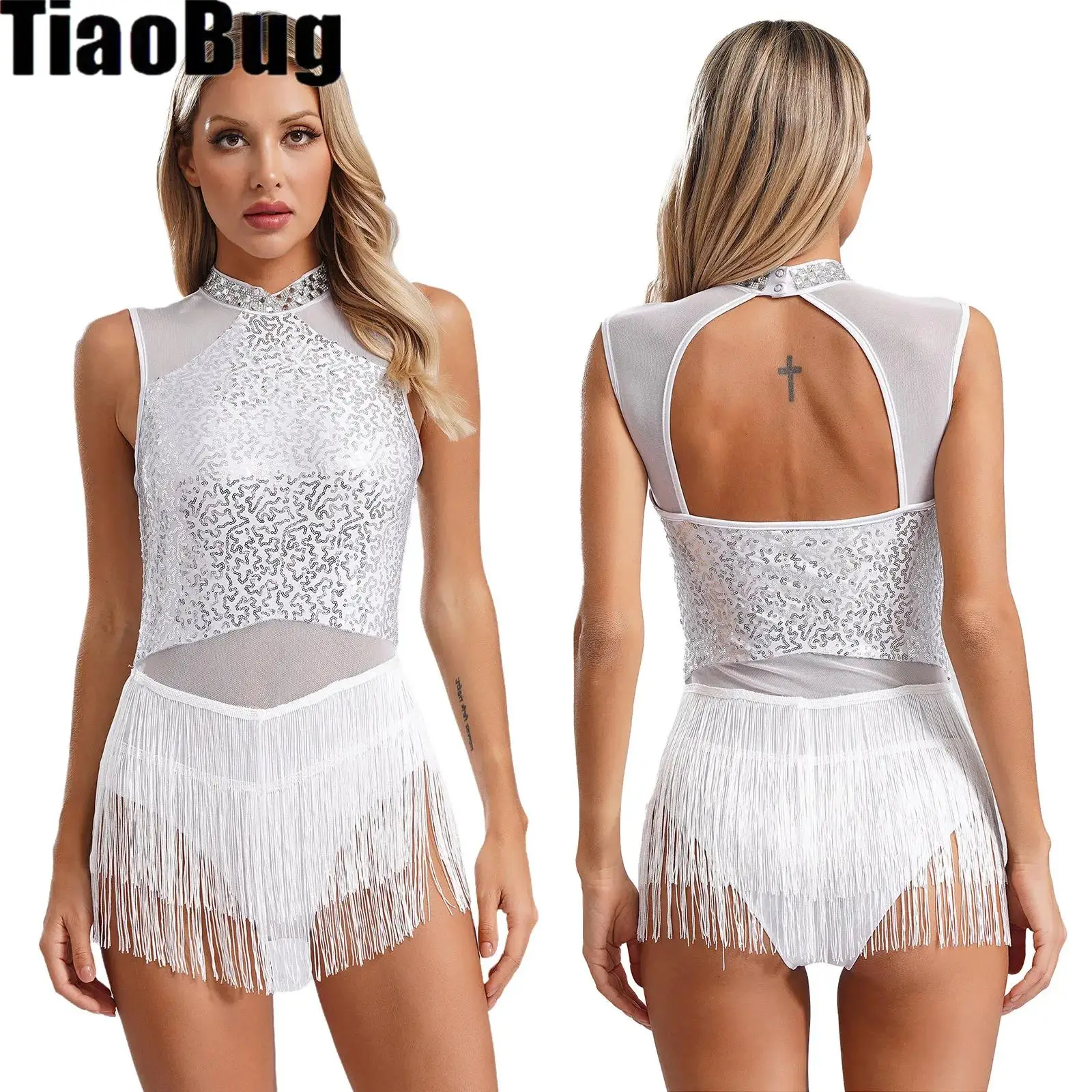 

Женское платье для латиноамериканских танцев, трико с бахромой и сетчатым воротником со стразами, костюм для танго, румбы, ча-ча, для представлений