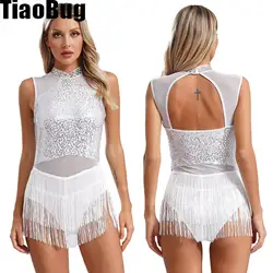 Womens Latin Dance Dress Fringed Leotard Mesh Diamond Collar Tango Rumba Cha-Cha Samba Performance Costume