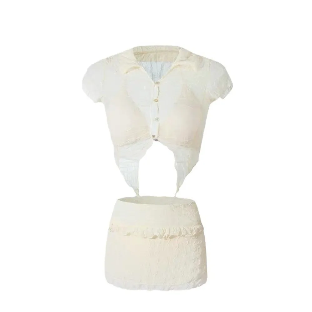 Traje de Baño de Tres Piezas, Ajustado, de Manga Corta, con Aberturas y Volantes, Bikini, Ropa de Playa, Transparente