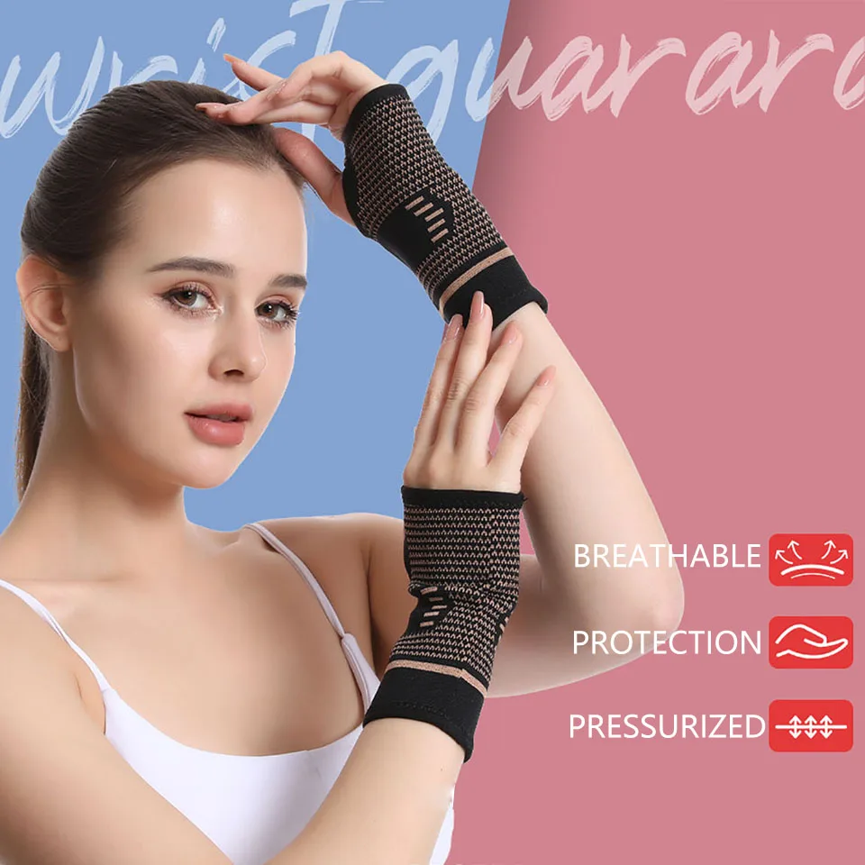 GOBYGO 1Pair Elastic Wrist Support Copper-containing Nylon Knitted Fabric Copper Ion Wrist Guard Palm Protection Pressure Unisex