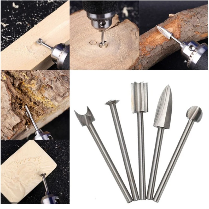 Juego de brocas para grabado de madera, fresas, bordes afilados de acero, herramientas de perforación para carpintería, cuchillos para tallar madera, 5 uds.