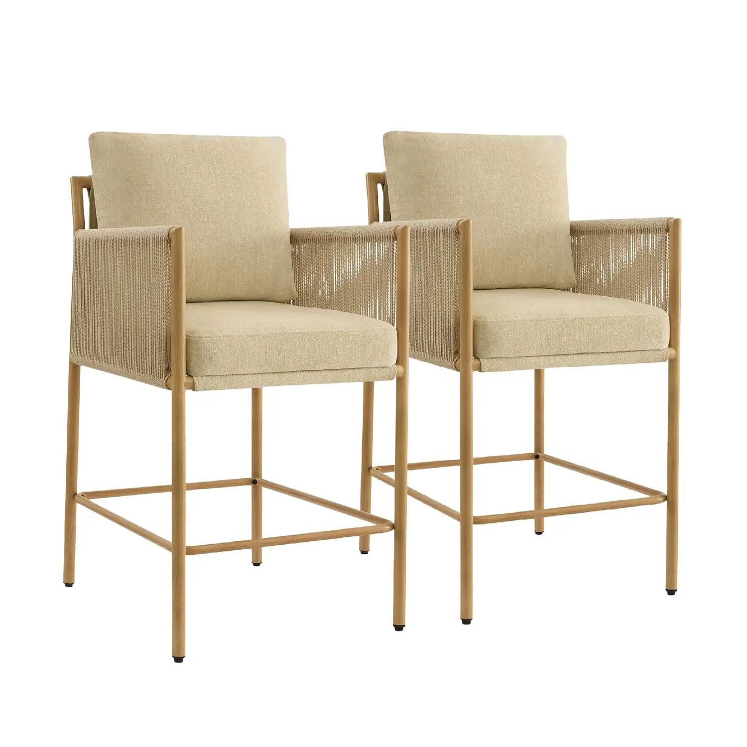 #Boho Counter Stool Set Handwoven Rope Armrest Metal Frame Wood Grain Seat Height Upholstered Oatmeal