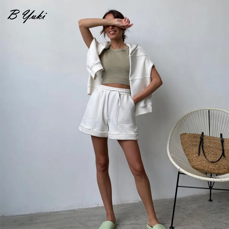 Blessyuki 2023 Spring Summer Soft Cotton Set Women Loose Casual 2 Pieces Long Sleeve Sweatshirt & High Waist Short Solid Outfits