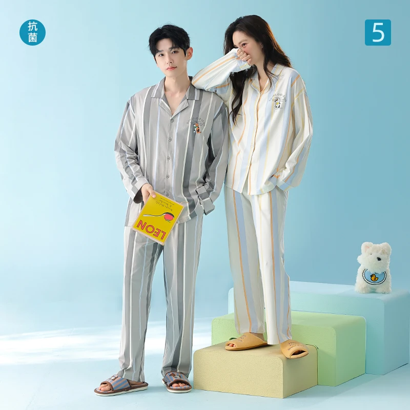

Newest Spring and Autumn Couple Pajama Set 100% Cotton Men And Women Turn-down Collar Long Sleeve Pyjamas
