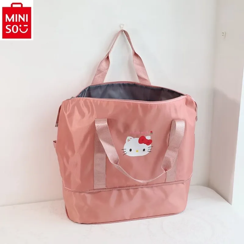 MINISO 산리오 헬로 키티 휴대용 방수 보관 가방, 여성용 가정용 대용량 접이식 러기지 백, 피트니스 가방