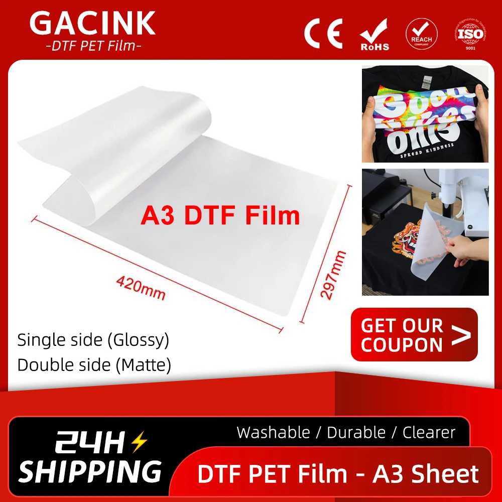 100PCS A3 Película de Transferencia DTF PET de Alta Calidad, Hojas de Papel de Transferencia de Calor para Imprimir en Camisetas y Bolsas, Compatible con Epson L1800 XP600 i3200 i1600