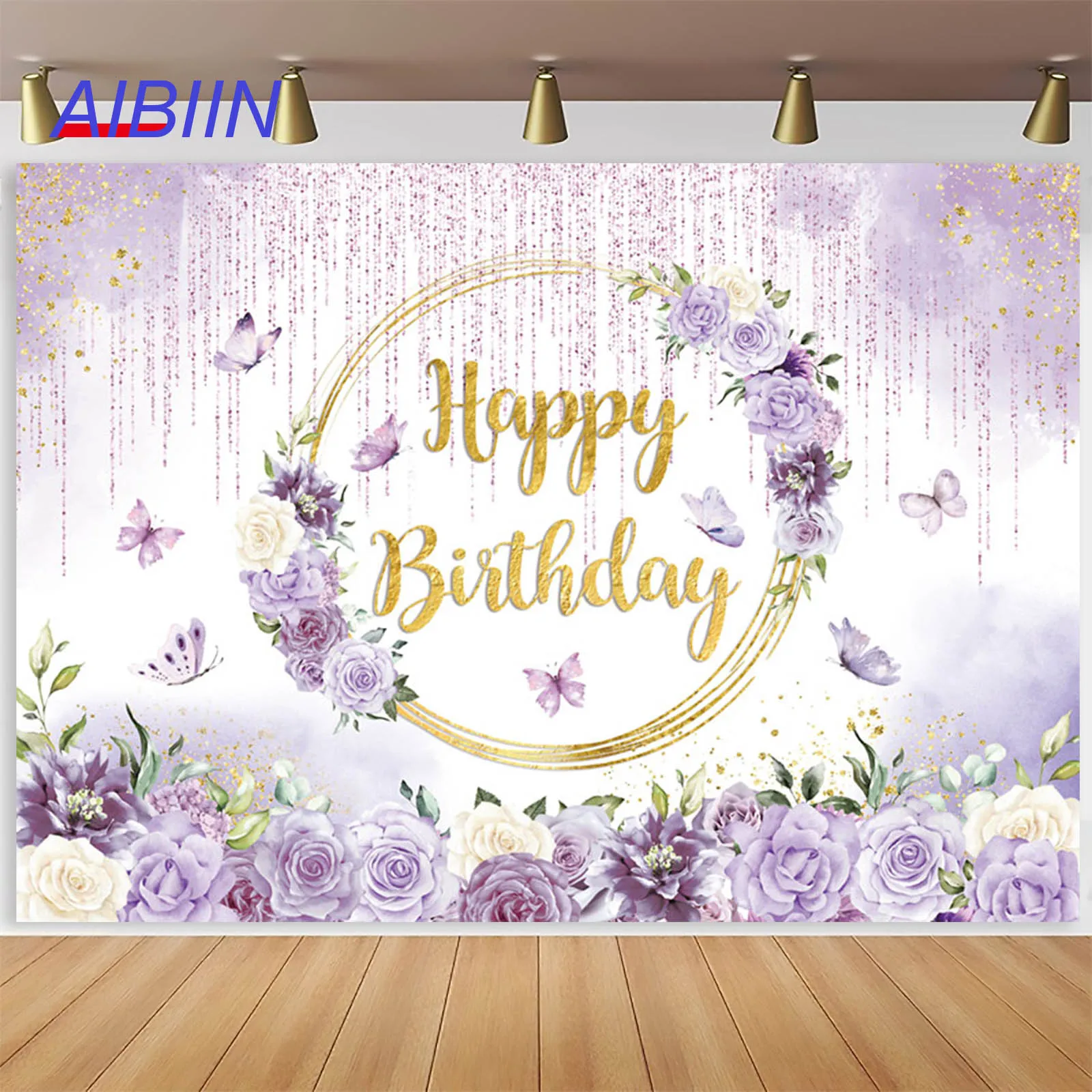 AIBIIN Purple Floral Happy Birthday Backdrop Dripping Dots Butterfly Photography Background Girl Party Decor Cake Smash Portrait