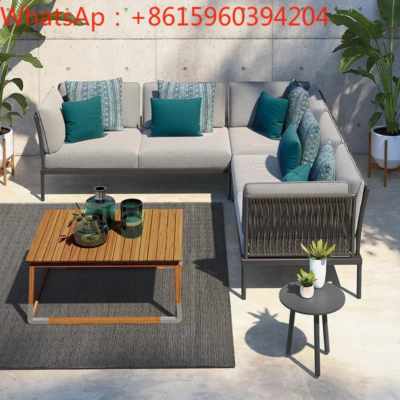 Outdoor rattan sofa, rattan woven tea table combination, creative handcrafted designer, villa garden, courtyard, balcony