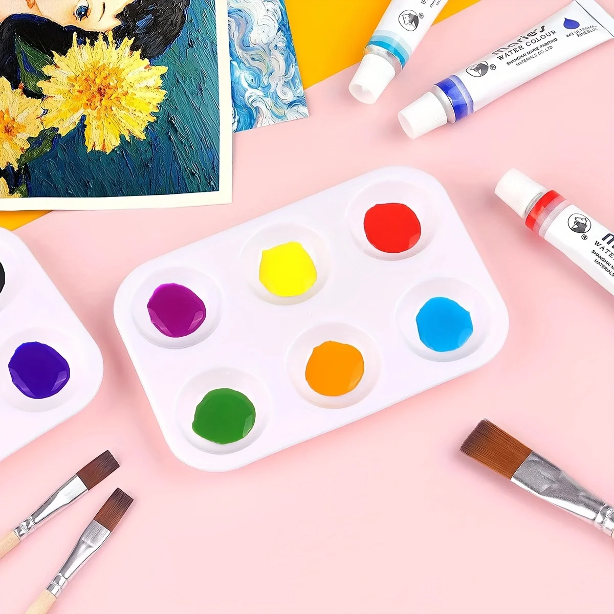 2/8/12/20/50/100 Pcs White Plastic Paint Palette 6 Well Watercolor Palette Rectangular Paint Tray Paint Mixing Palette