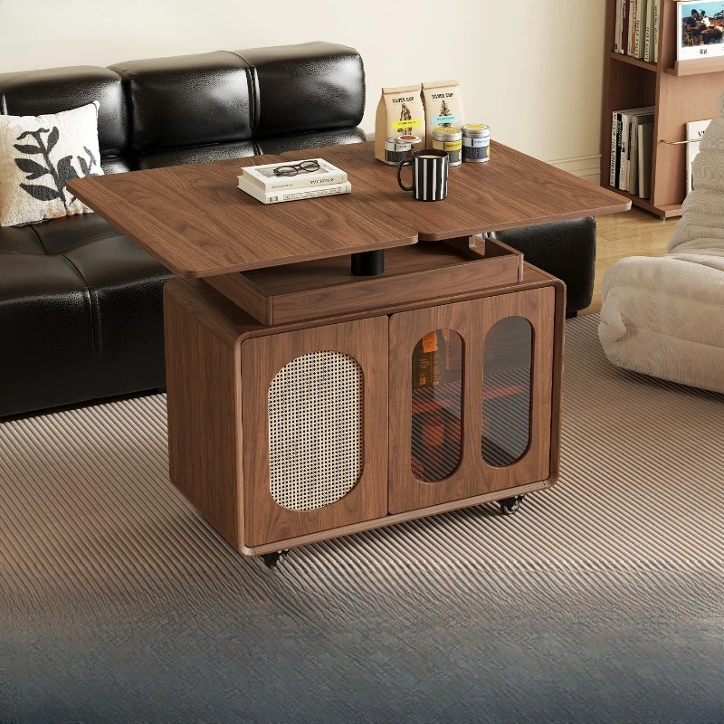 Solid wood mobile coffee table, living room household lifting and stacking table new small apartment cart, sofa side few