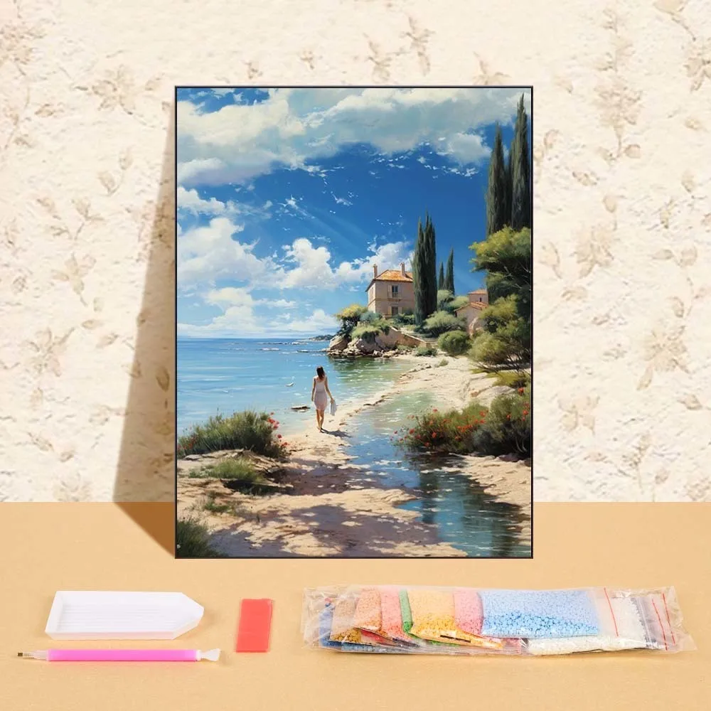 

DIY Diamond Painting Seascape Picture Of Rhinestones Mosaic Seaside Landscape Full Round Drill Crafts For Bedroom Wall Decor