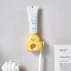 Wall Mount Toothpaste Dispenser Plastics Automatic Toothbrush Holder Yellow Duck No Punching Toothpaste Squeezer Bathroom