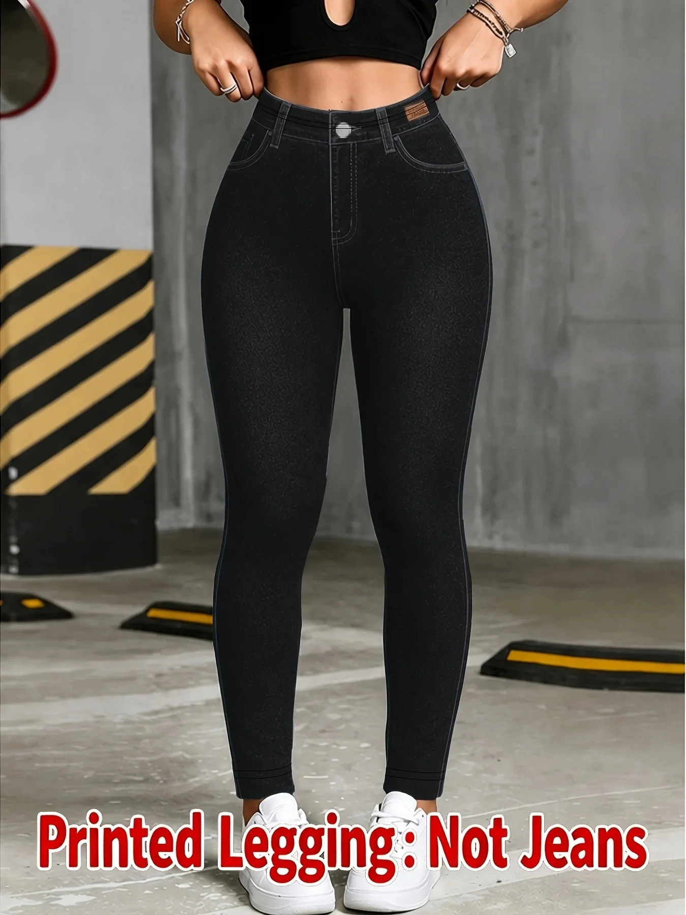 Women Printed Leggings Not Denim Fabric, Fake Pocket & Button Print Design Pants, High Elastic Fashion Slim Fit Skinny Casual