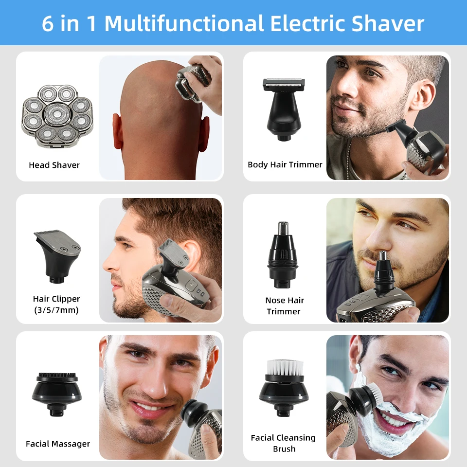 Kit de toilettage électrique aste 6 en 1 pour homme, rasoir pour le visage et le corps, tondeuse à barbe, machine à raser la tête chauve